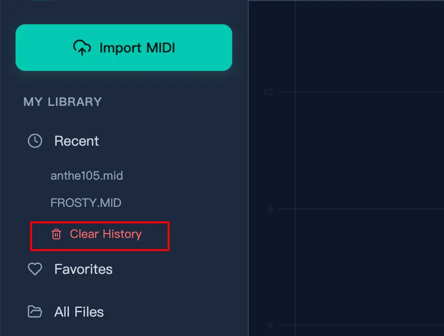 IndexedDBローカル履歴 ローカルに保存された最近のファイルを示すMIDI Toolboxの履歴セクション