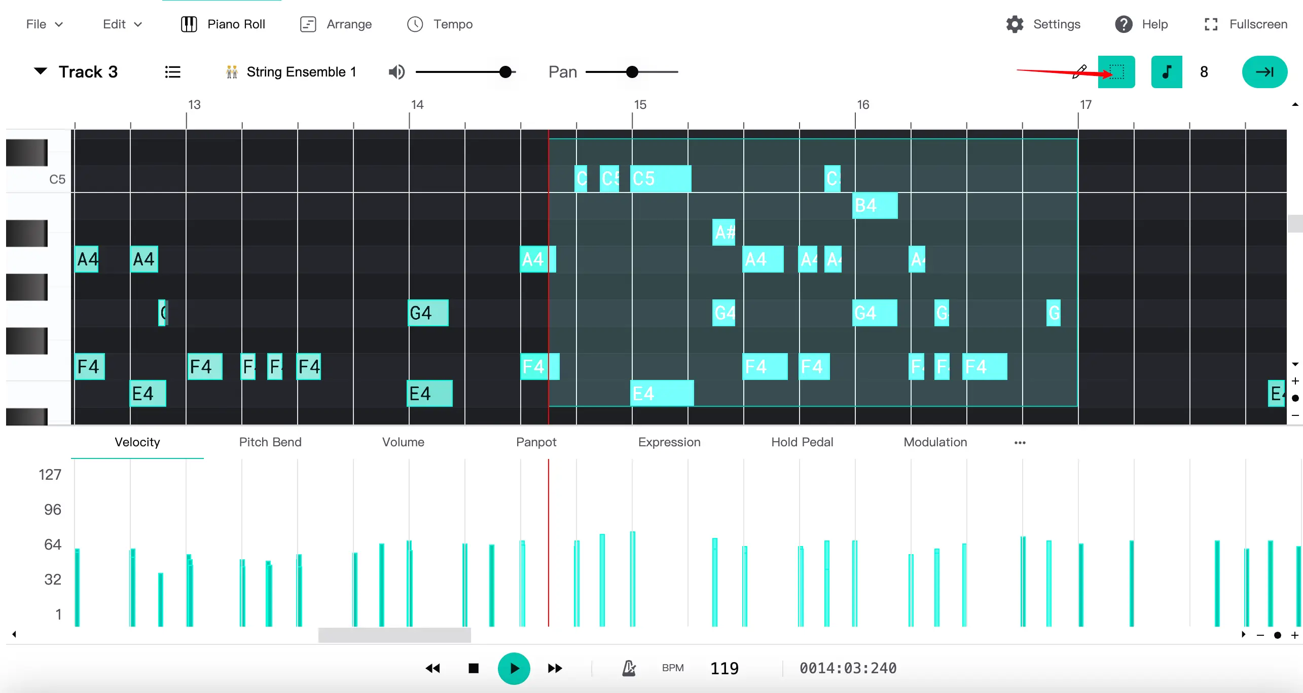 Seleccionando notas específicas en el editor de MIDI Toolbox usando arrastrar y seleccionar