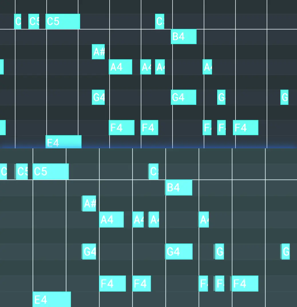 Comparación antes y después de notas MIDI cuantizadas a la rejilla