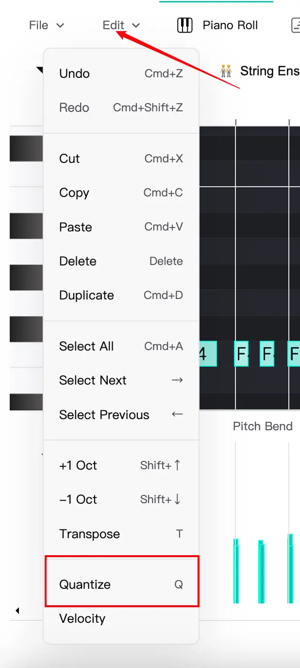 Encontrando la opción Cuantizar en el menú Editar de MIDI Toolbox
