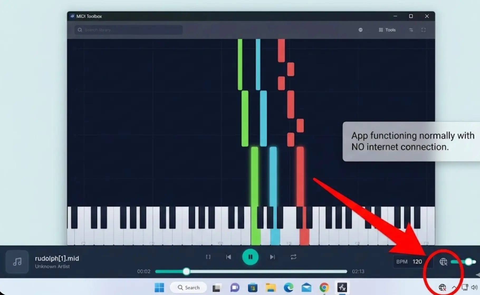 オフライン機能のデモンストレーション オフライン環境でノートパソコンでMIDI Toolboxを使用しているユーザー