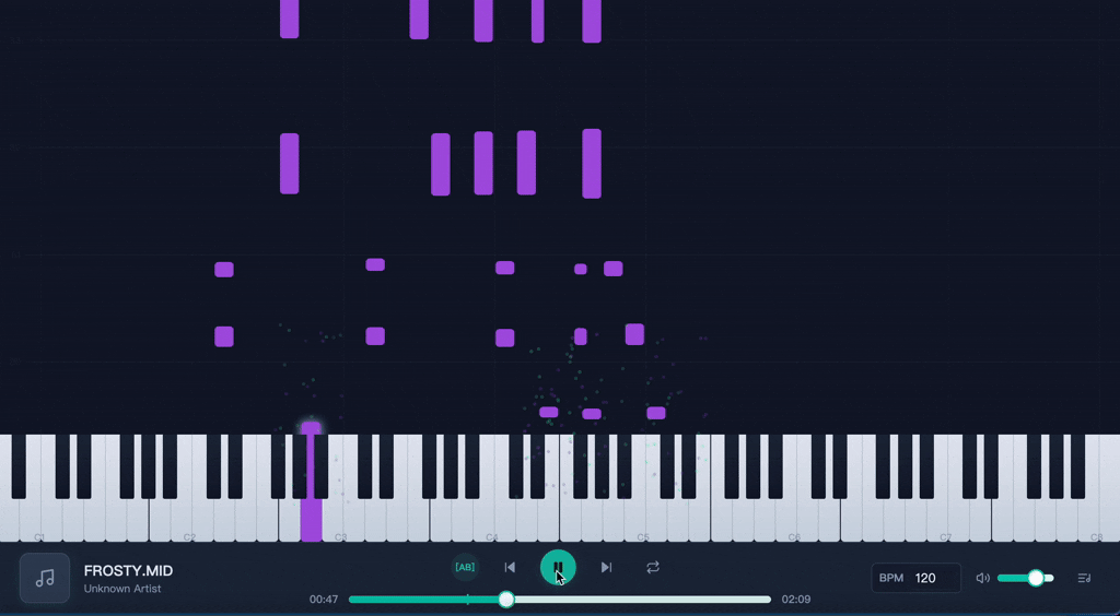 Piano roll de desplazamiento vertical en MIDI Toolbox visualizando notas como un juego de ritmo